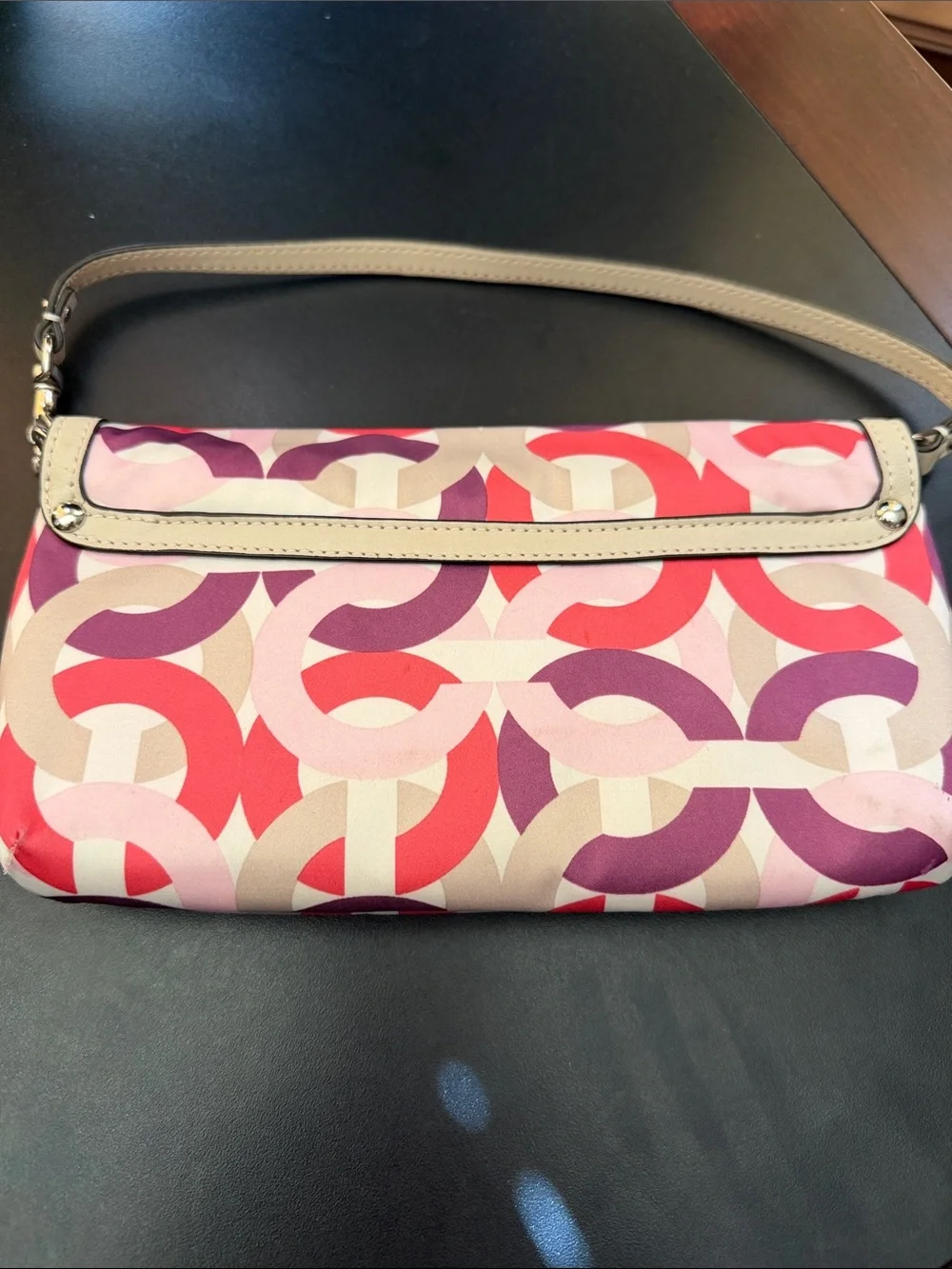 Coach Pink Red Purple Geometric Wristlet with Beige Trim